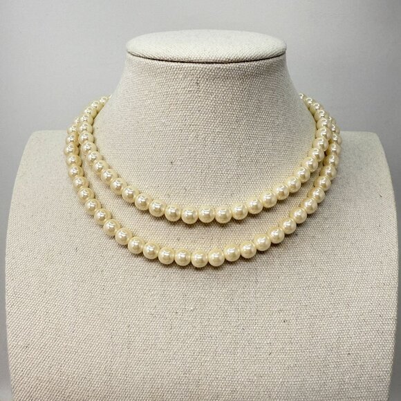 Vintage Double Strand Imitation Pearl Choker Necklace Gold-Tone‎ Classic Retro - Picture 1 of 12